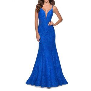 La Femme Prom Maxi Dress 28355 Mermaid Lace Rhinestone Blue